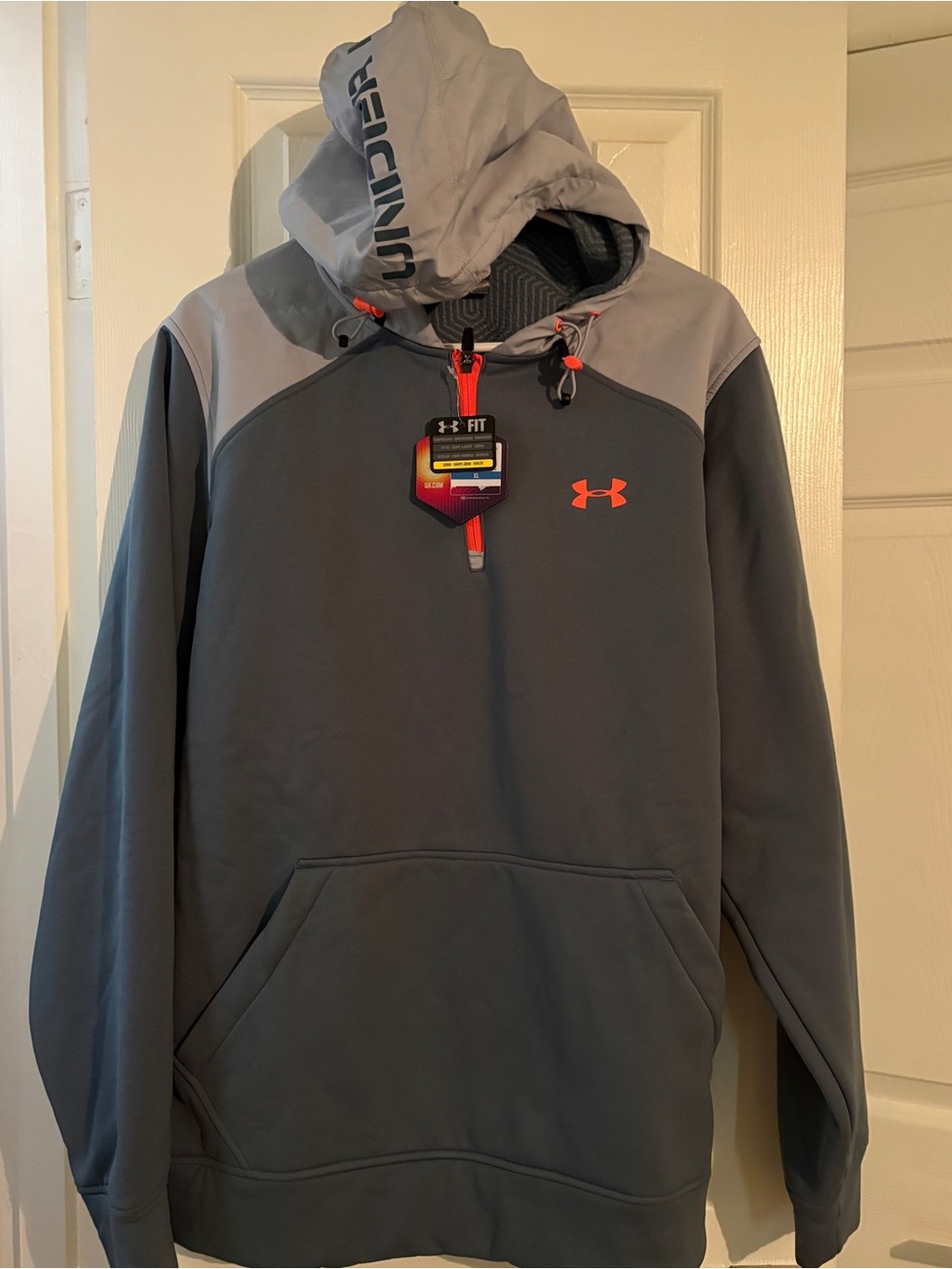 Under Armour Men’s Dark Gray & Light Gray Pullover Hoodie with Orange Logo